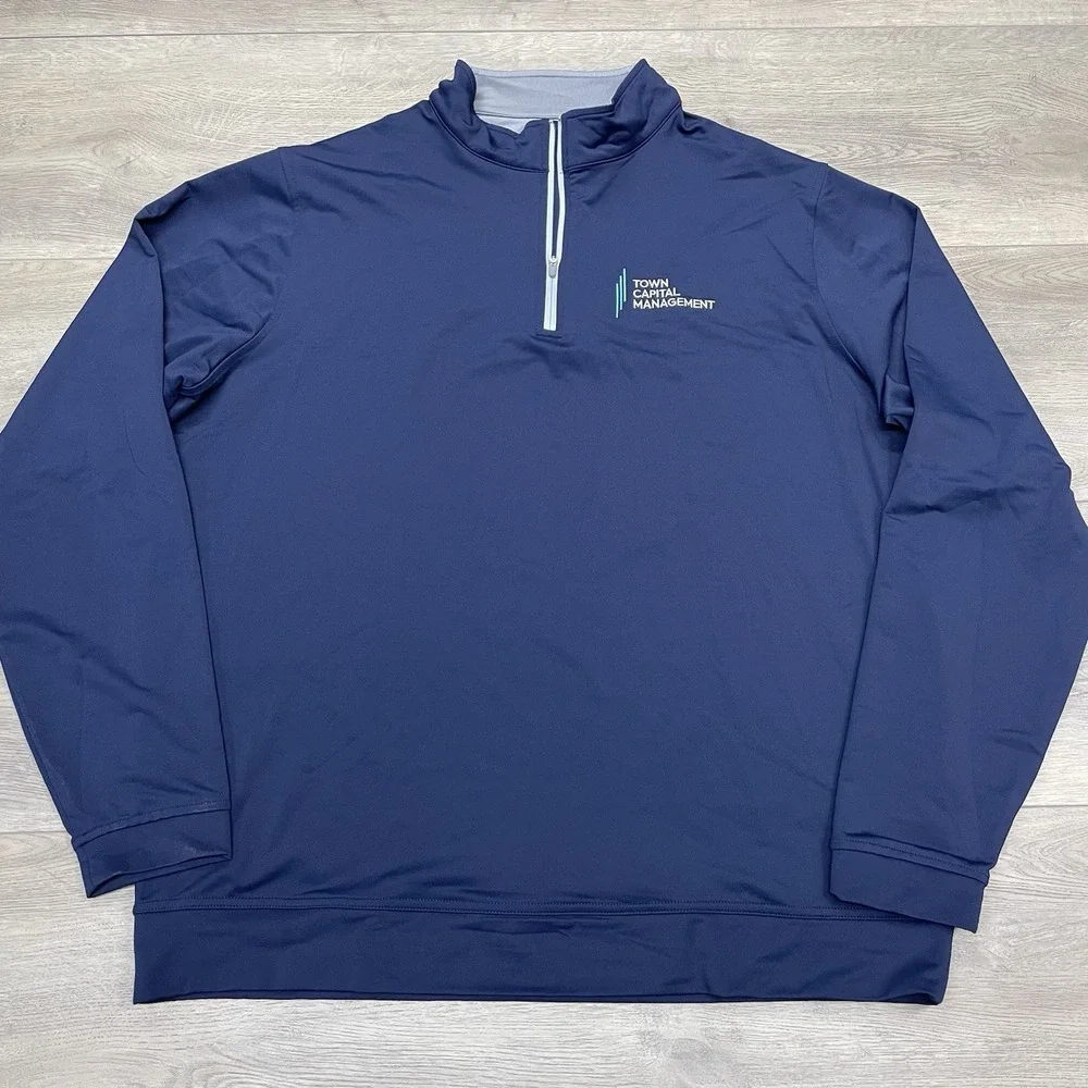 Peter Millar Perth Performance 1/4 Zip Pullover Men Sz XL Navy Blue Company Logo